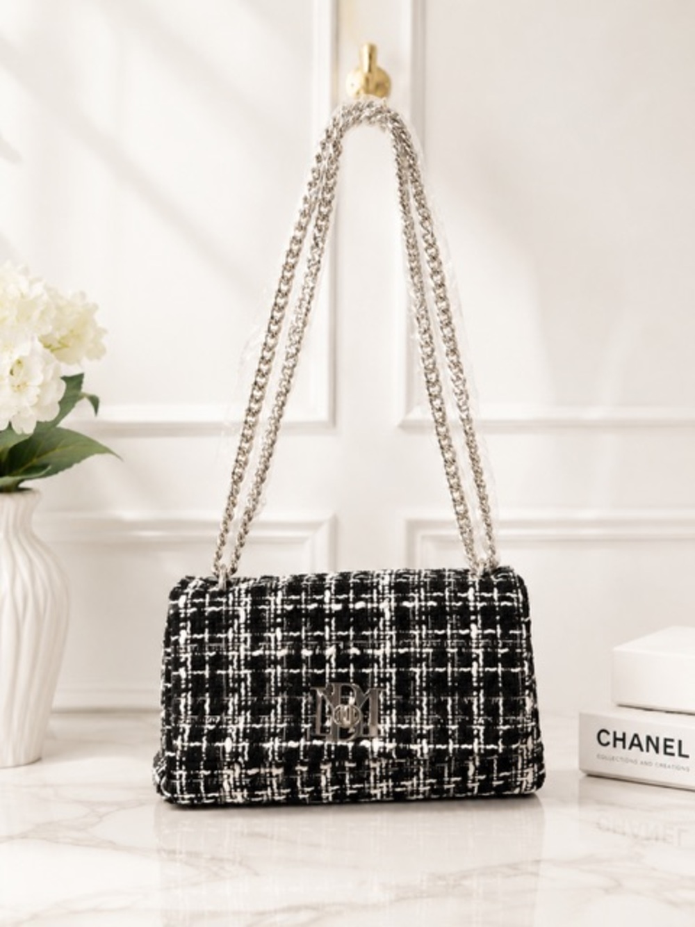 Badgley Mischka Black and White Tweed Chain Shoulder Bag